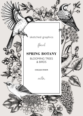 Spring birds card or invitation template. Vintage frame designs with birds, flowers, leaves and blooming tree branches. Almond, willow, rowan, willow, lilac, cherry blossom floral sketches for prints 